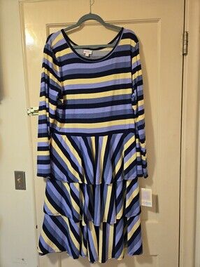 NWT LuLaRoe Georia Long Sleeve Striped Tiered Dress in Navy, Cream And Blue